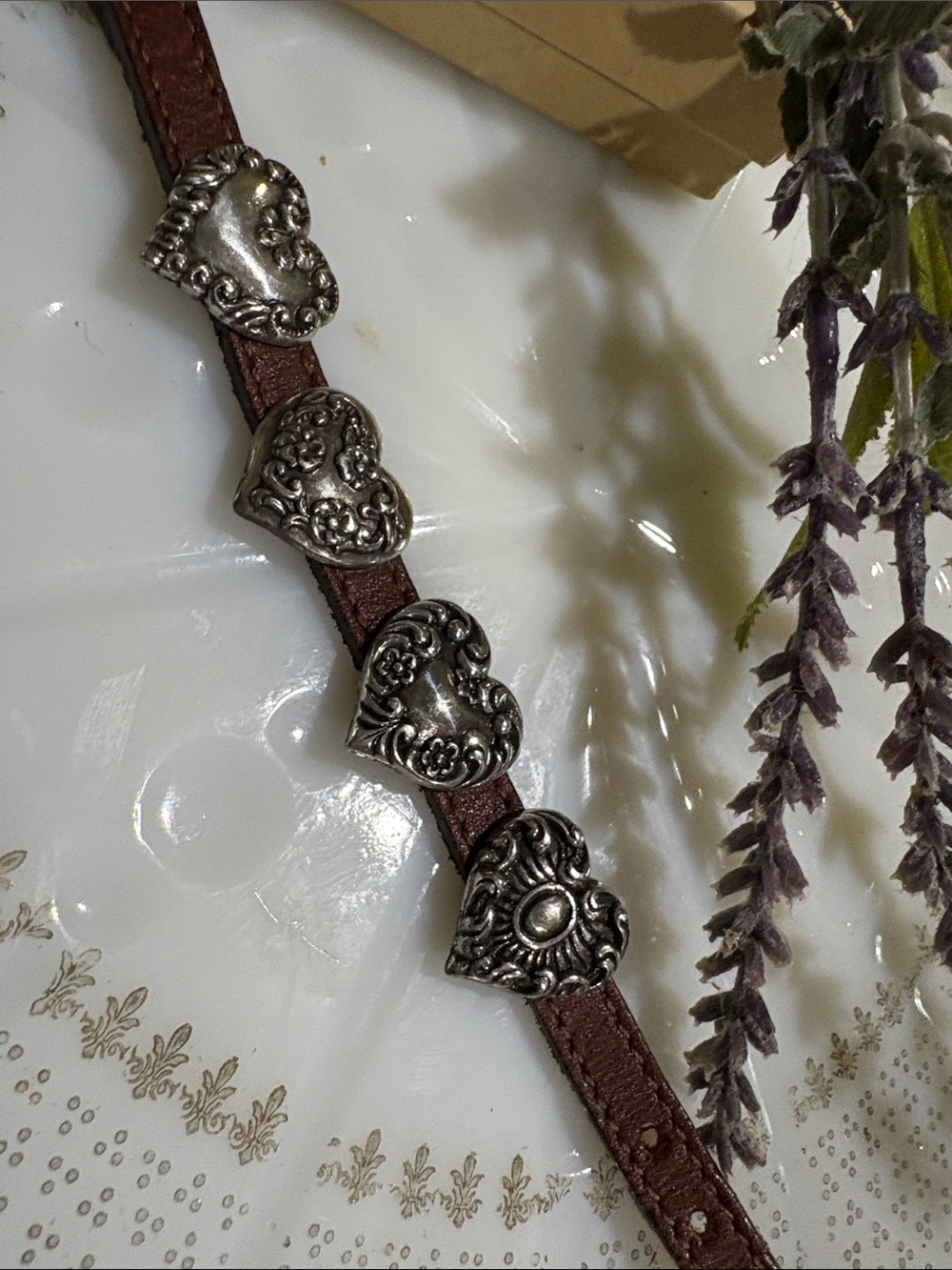Brighton vintage 1994 Brown Leather Bracelet with Silver Heart Charms
